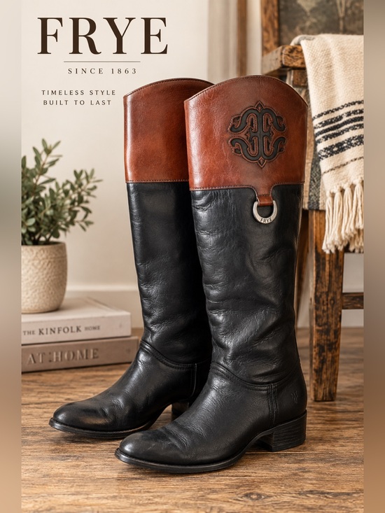 Frye Shoes - Frye Melissa Logo Black Brown Tall Leather Riding Boots Size 8.5